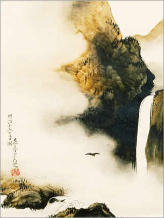 Akrylbilde  Landscape with waterfall and bird - Shibata Zeshin