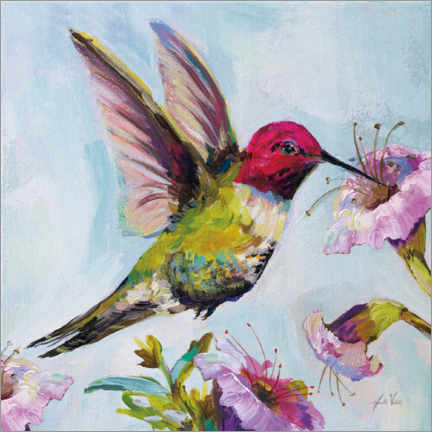 Selvklebende plakat  Hummingbird with hibiscus flowers I - Jeanette Vertentes