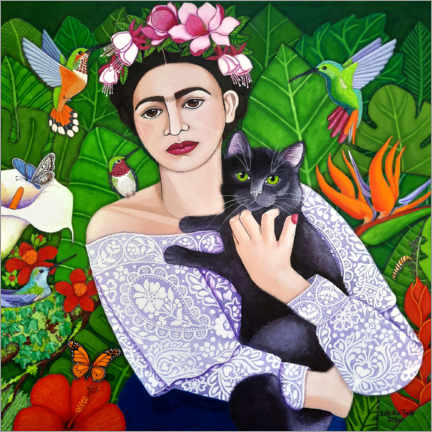Akrylbilde  Frida Kahlo med svart katt - Madalena Lobao-Tello
