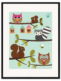 Innrammet kunsttrykk  Happy Tree with cute animals - owls, squirrel, racoon - GreenNest