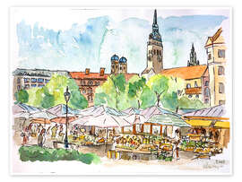 Plakat  Munich Food Market Square Day in Summer Aquarell - M. Bleichner