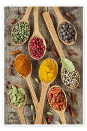 Plakat Colorful spices in wooden spoons